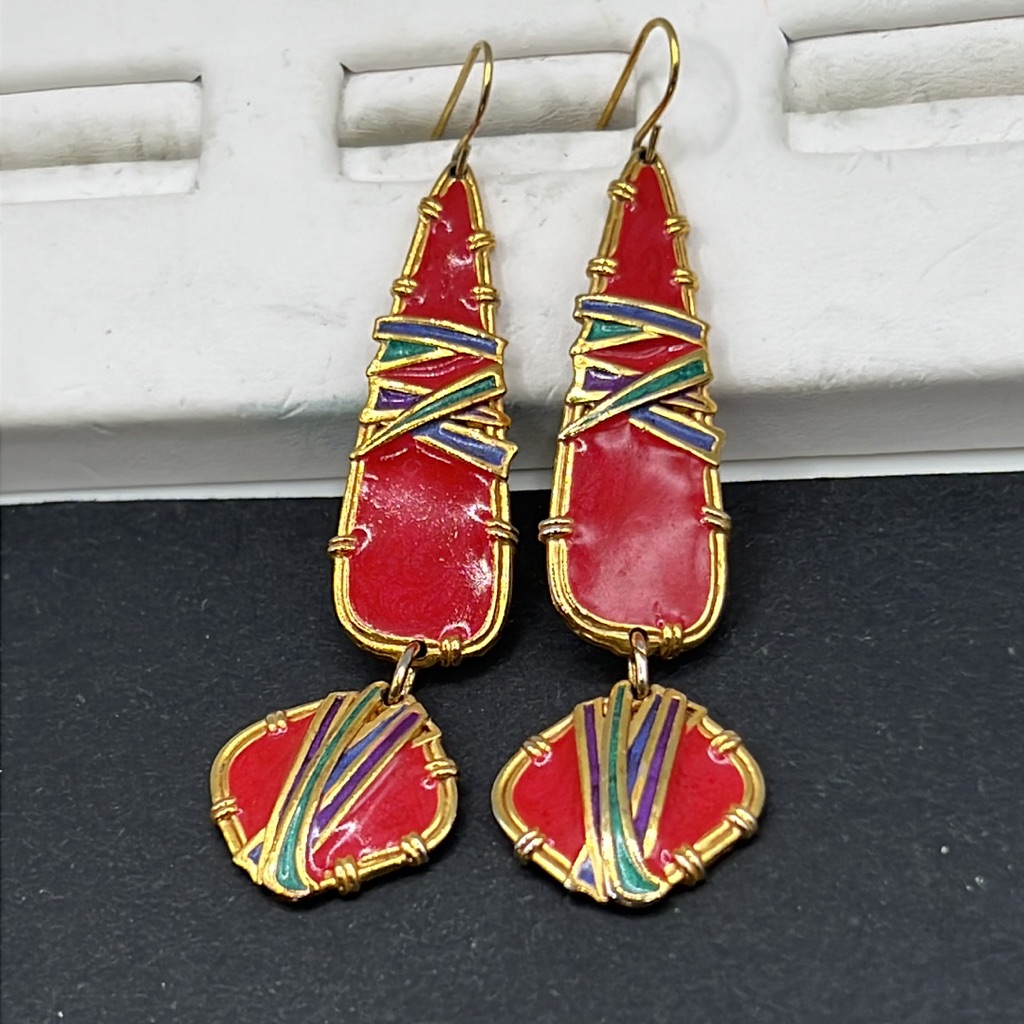 Vintage Berebi Dangling Red Enamel Earrings